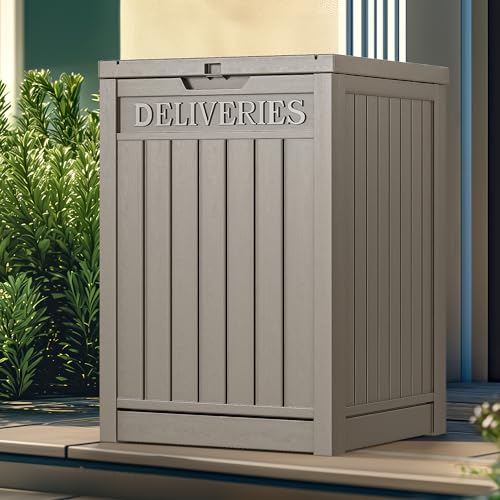 YITAHOME Outdoor Package Delivery Storage Box 51 Gallon, Secure Lockable Resin Package Delivery Container, Deck Box for Porch & Curbside, Brown Taupe