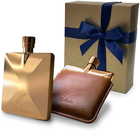 Hip Flasks for Liquor for Men by Bottisia 3Oz 18K Rose Gold Pocket Flask with Whisky Flask Funnel & Genuine Leather Pouch, a Luxury Hip Flask Birthday Gift Set for Men/Father/Grandfather/Groomsmen