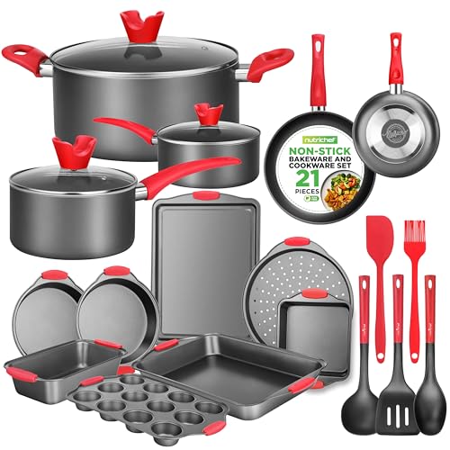 NutriChef Non-Stick Cookware 21-Piece Set, Includes Pots & Pans, Bakeware, & Cooking Utensils w/ Silicone Handles - Complete Set for Gas, Electric, & Ceramic Cooktops - PTFE/PFOA/PFOS Free, Black