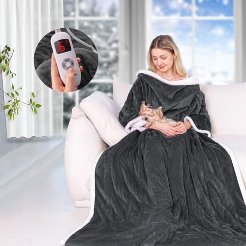 Wearable Heated Blanket with Sleeves, Electric Heated Blanket for Gifts, Electric Throw Wrap Poncho Shawl with Pockets, 6 Heating Levels & 4 Hours Time Settings, 50 x 70 Inch (Grey)