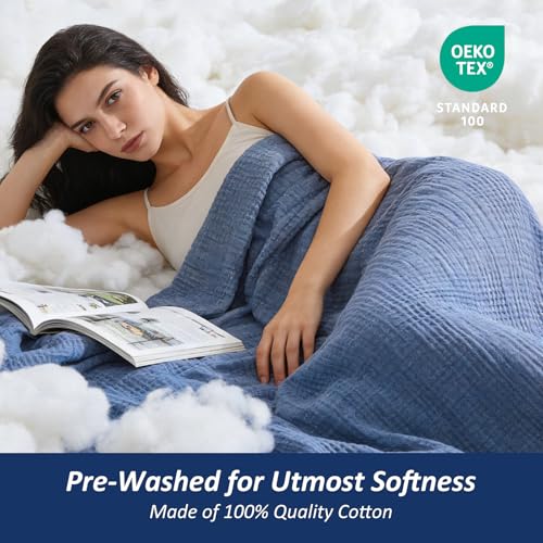 Image of EMME Cotton Muslin King Blanket Bed Layering Bedspread Coverlet Breathable Gauze Soft Lightweight (Heather Navy, 108 inchx90 inch)
