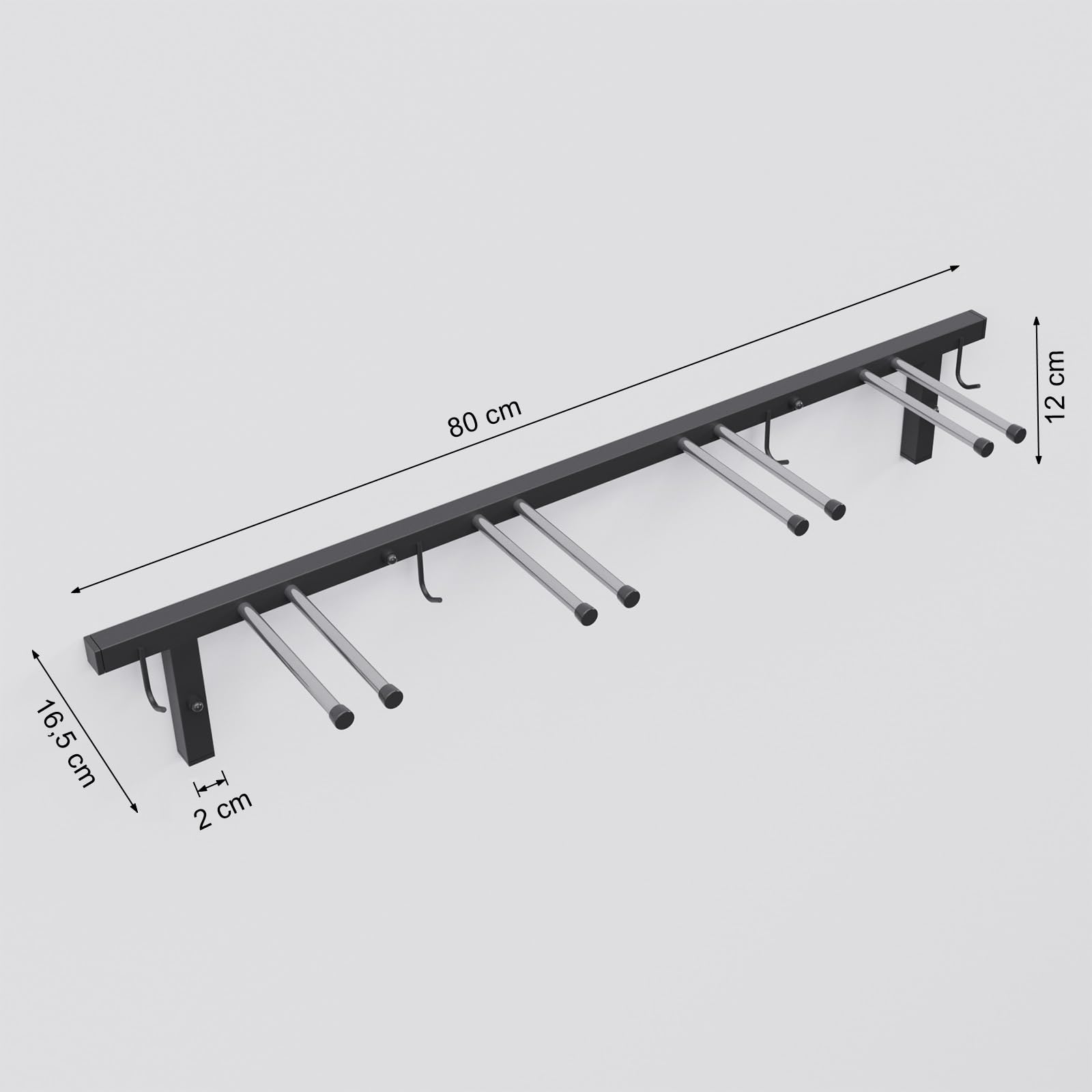 Soporte para esquís S3 de pared, para 4 pares, 83 cm, bastones de senderismo nórdico, barra de ganchos con goma protectora para ahorrar espacio
