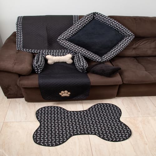 Kit Enxoval Pet Pequeno 6 peças: Tapetes Protetor de Sofá, Cama, Almofada Tipo Ossinho, Tapete Higiê
