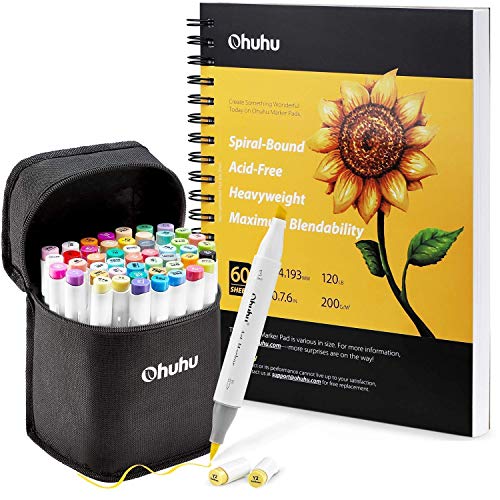 Ohuhu Alcohol Brush Markers, Double Tipped Brush & Chisel Sketch Markers+Ohuhu Marker Pads Art Sketchbook, 7.6