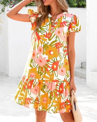 dowerme Womens Summer Dresses 2026 Puffy Sleeve V Neck Loose Floral Print A Line Boho Mini Babydoll Dress with Pockets(White Yellow Flower,Large) — view 2
