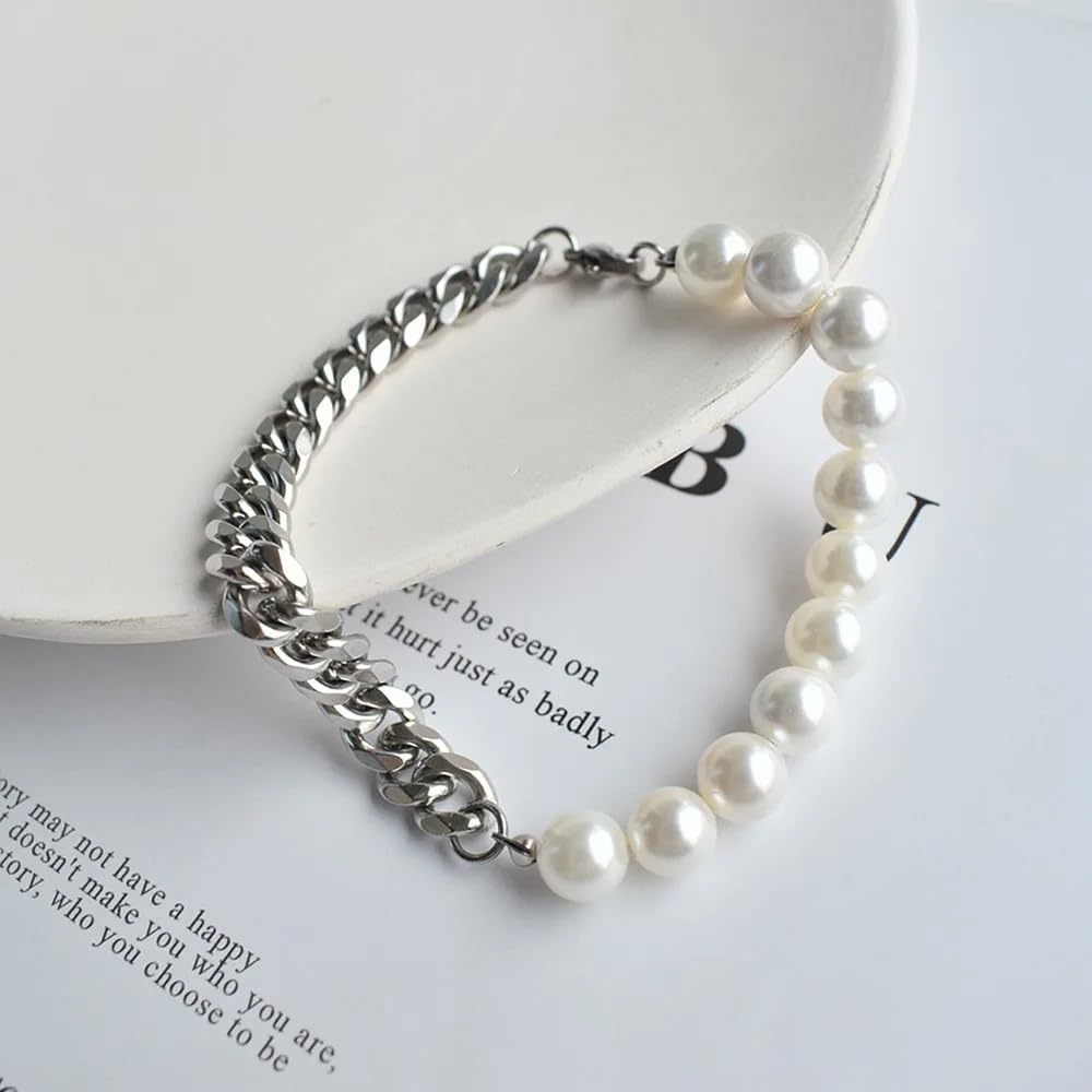 Sterlingsilber, natürlich, für Damen und Herren, Vintage-Armband – Punk-Schmucksets, Perlen-Halbketten-Halskette mit Initiale