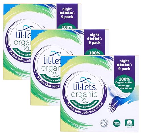 Lil-Lets Organic Cotton Night Pads, 9 Count, Ultra Thin, with Wings, for Medium to Heavy Flow, GOTS Certified, Plastic Free, Biodegradable, 100% Organic Cotton Top Cover and Absorbent Core (Pack of 3)