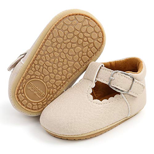 SOFMUO Baby Girl Mary Jane Flats Shoes Non Slip Soft Sole Infant Toddler First Walker Wedding Princess Dress Crib Shoes(A0/Beige,12-18 Months