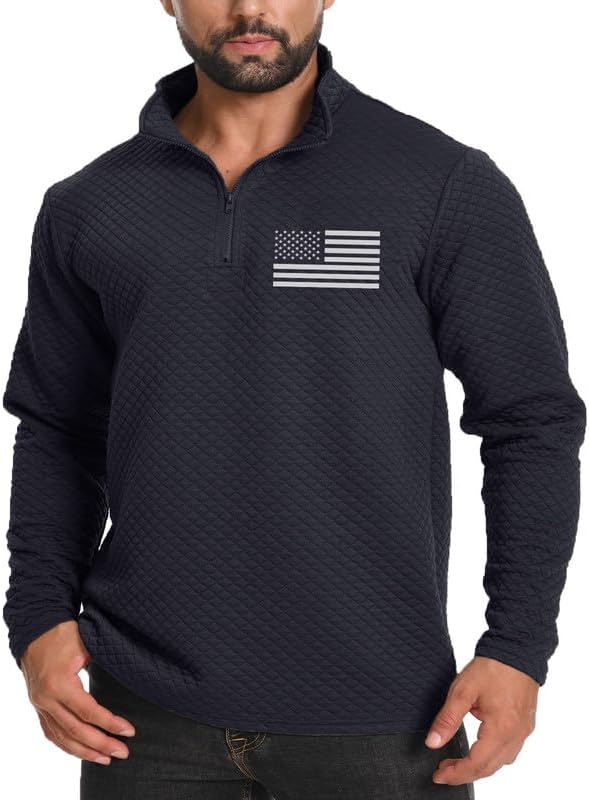 H HYFOL Men's USA Flag Graphic Pullover Waffle 1/4 Zip Stand Collar American Patriotic Sweatshirts