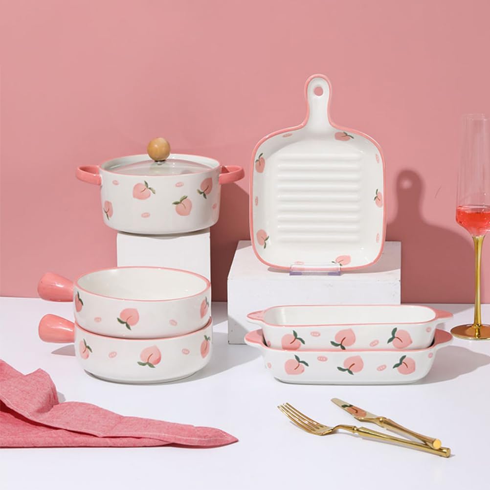 Dxcaicc Lasagne Dish Ceramics Round Creative Fresh Fruit Pattern Double-Handled with Lid Soup Pot on Birthday Wedding Parties Christmas New Year's Day,Orange