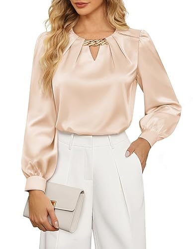 Festliche Blusen Damen Zur Hochzeit，Satin Blusen Oberteile Langarm Blusemit Dekorativen
