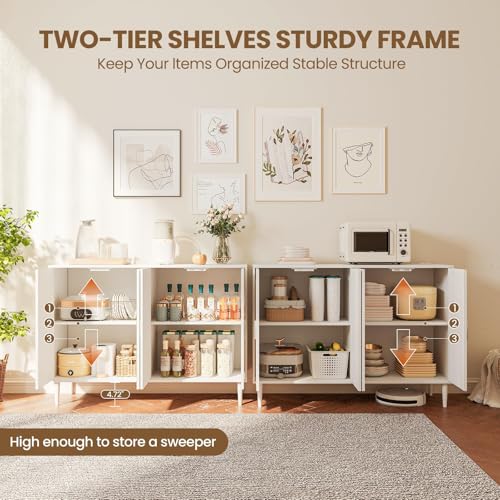 Rattan Buffet Cabinet with Storage,Sideboard Cabinet with 4 Doors and Adjustable Shelves, Console Coffee Bar with Charging Station, Boho Wood Cupboard for Kitchen, Livingroom and Dining Room,Entryway