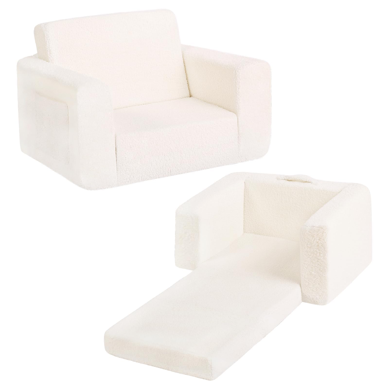 Welnow Toddler Chair, 2-in-1 Soft Sherpa Kids Sofa, Convertible Toddler Couch Lounger, Flip Out Kids Couch Chair with Side Pockets & Removable Cover