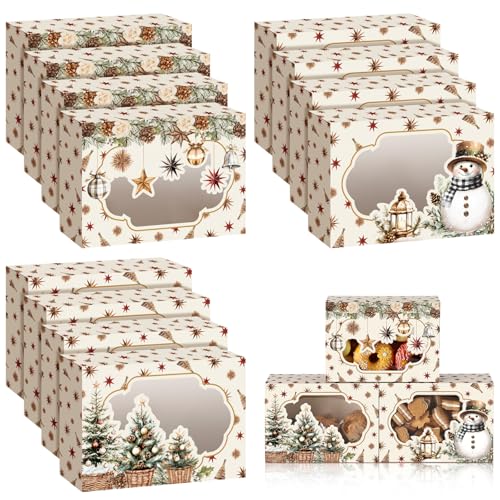 Eaasty 24 Pcs Christmas Cookie Boxes with Window Bulk 8.27 x 5.91 x 2.76 Inch Xmas Treat Boxes Bakery Gift for Holiday Party Favor Pastries Cupcakes Cookies Donuts Gift Wrapping(Neutral)