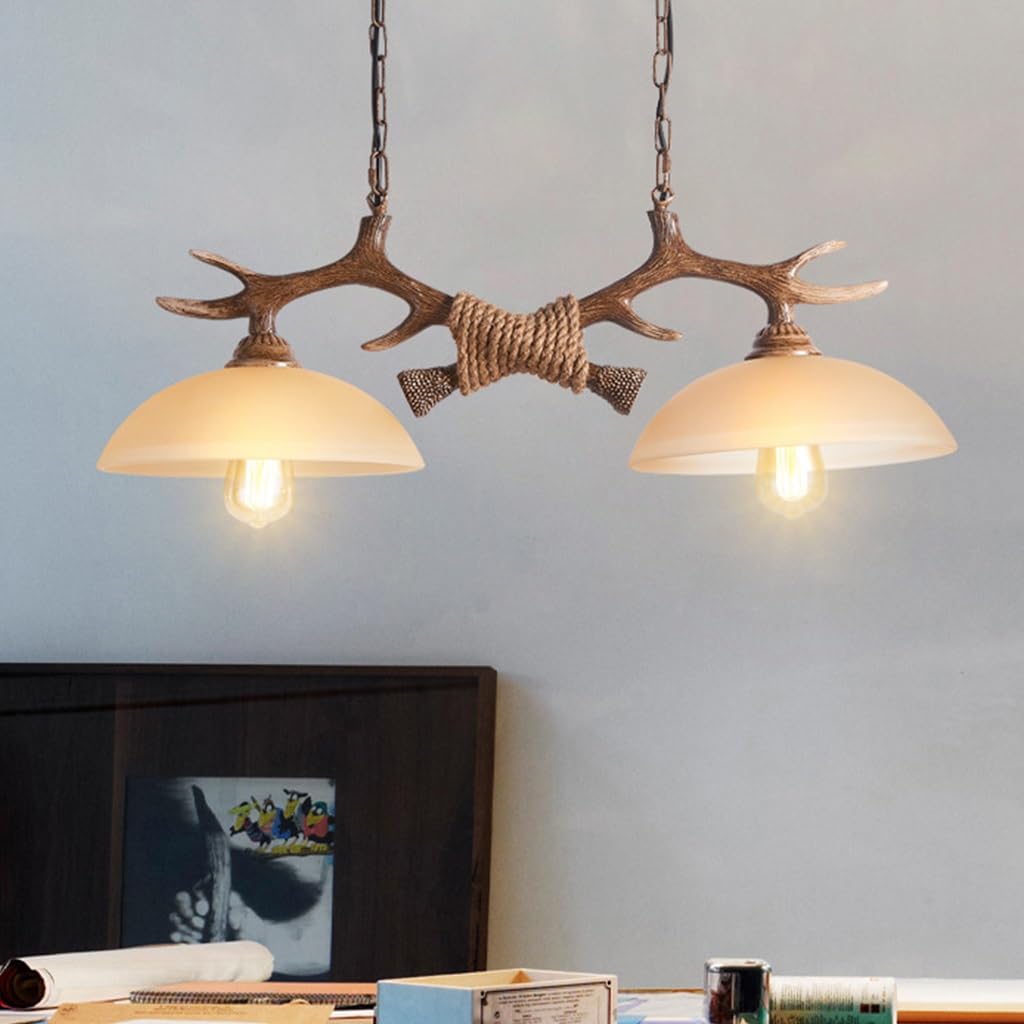 Vintage Pendant Lights E27x2 Resin Antler Chandelier Height Adjustable Dining Table Lamp Rustic Glass lampshade Hanging Lamp for Dining Room Lamp Living Room Bar Cafe Corridor Lighting Fixture(A)