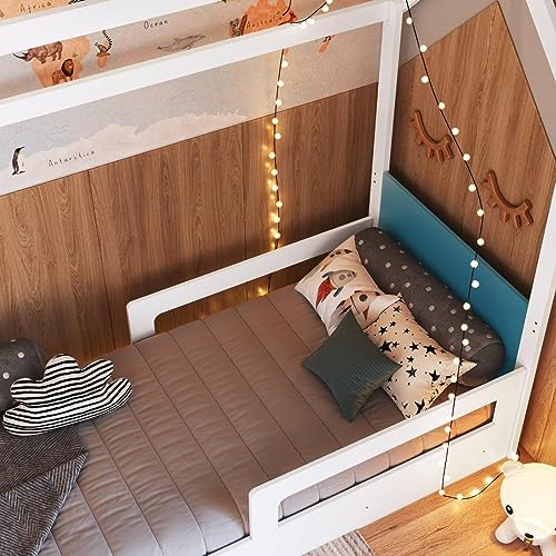 Cama Infantil Montessoriana com Cama Auxiliar Branco/azul Secreto