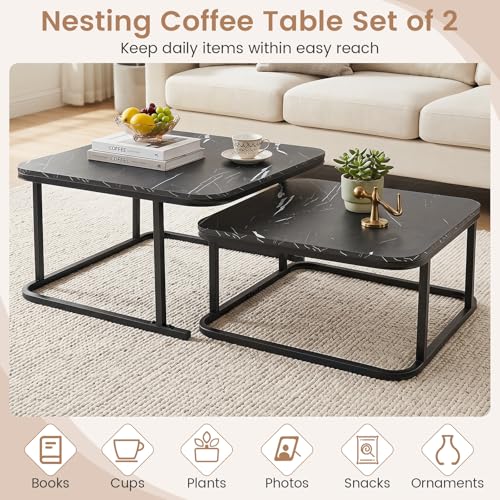 Image of Giantex Nesting Coffee Table Set of 2, Faux Marble Center Table with Metal Frame, Modern Square Accent Cocktail Table, Small Coffee Table for Living Room, Small Spaces (Black)