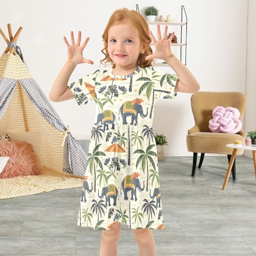 ALAZA Elephant Palm Tree Indian Girls Dress Short Sleeve Toddler Casual Dresses Summer Sundress 2-8T4