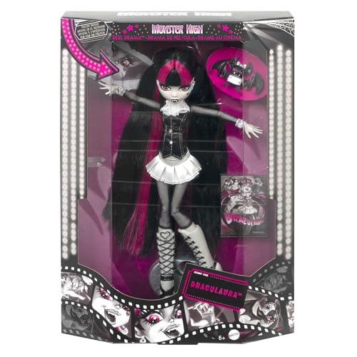 Image of Monster High Reel Drama Doll, Draculaura in Black and White, Collectible Reproduction with Doll-Size and Life-Size Posters, Horror Flick Theme