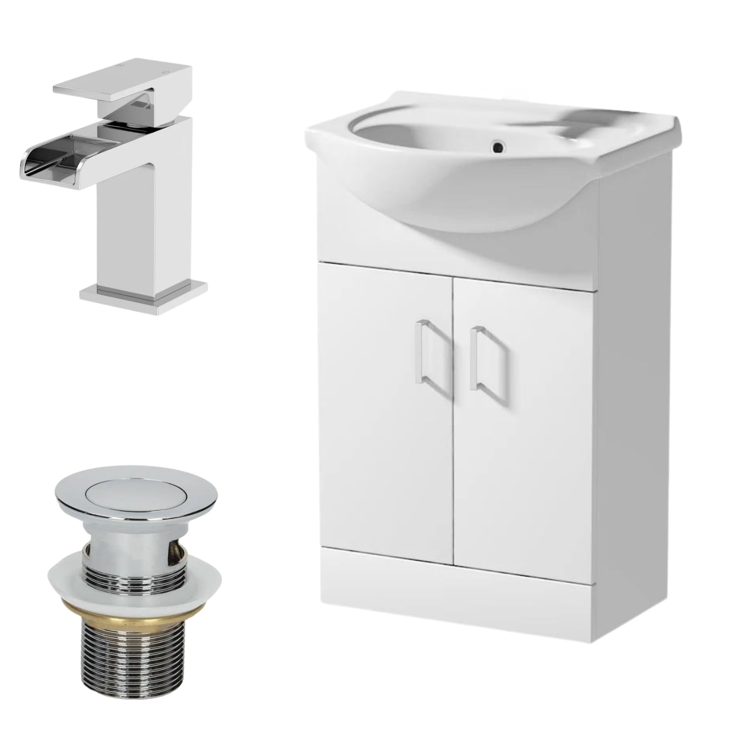 Affine® 560mm Bathroom Vanity Unit Ceramic Sink Floorstanding Storage Cabinet Cupboard & Chrome Waterfall Basin Tap & Waste Set, White Gloss