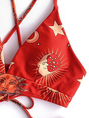 Zaful Star Sun Moon Print Bathing Suits For Women Back Criss Cross Lace-Up Triangle Bikini (1-Red M) #TOP4