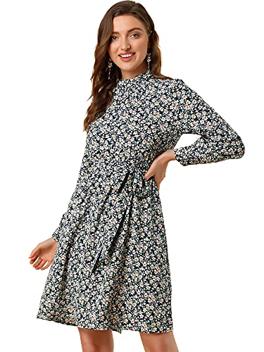 Allegra K Damenkleid mit Mock-Neck, knielang, lange Ärmel, A-Linie, Blumenkleid - Blau - Klein