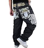 QIBOE Men's Vintage Hip Hop Wings Embroidery Baggy Loose Fit Jeans-40 Black