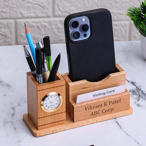 Image of Deskart Customized Multipurpose Pen Holder Stand | Premium Wooden Desk Organizer with Clock, Business Visiting Card and Mobile Holder