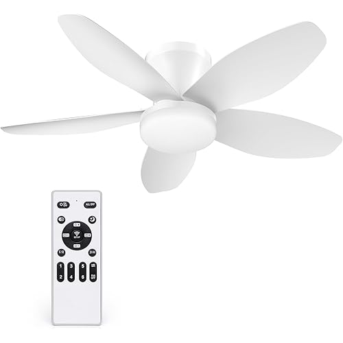 35 Inch Ceiling Fan with Lights and Remote Control, Quiet Modern Low Profile Fan Light with 6 Speeds, Dimmable LED, Reversible Blades for Bedroom Living Room Indoor/Outdoor, White