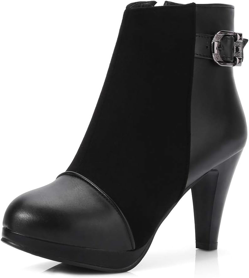 MIOKE Women's Fashion Round Toe Dress Ankle Boots Buckle Platform Zipper Stiletto High Heel Short Booties
