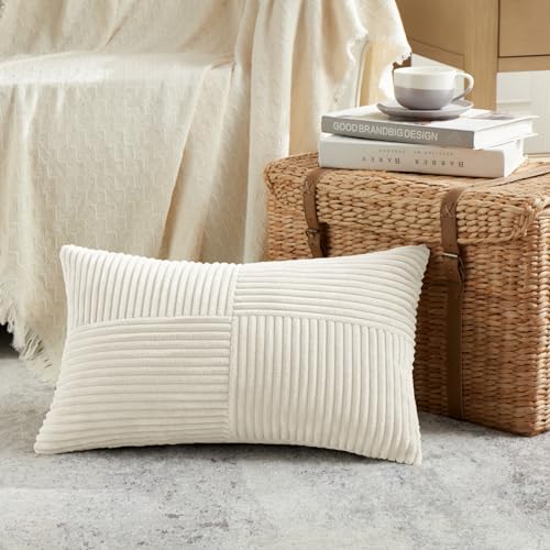 Fancy Homi Cream Lumbar Decorative Throw Pillow Covers 26x16 Inch for Living Room Couch Bed Sofa, Rustic Farmhouse Boho Home Decor, Soft Striped Corduroy Rectangle Accent Cushion Case 40x65 cm