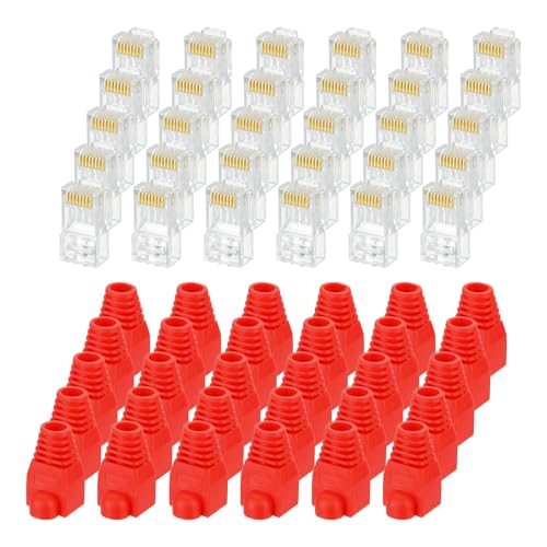 Image of sourcing map 60pcs Cat6 RJ45 Pass Through Connectors, RJ45 Connector 8P8C Gold Plated Plugs with 60pcs Red Strain Relief Boots for Solid or Stranded UTP Ethernet Cable, 1.1mm