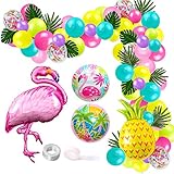 LO QUE PUEDES OBTENER: Aquí hay un kit completo para fiestas que incluye 50 globos de látex (12 pulgadas), 50 globos pequeños (5 pulgadas), 5 globos de confeti (12 pulgadas), 2 globos de aluminio redondos (18 pulgadas), 1 globo de papel de piña ( 32 pulgadas), 1 globo de papel de flamenco (41.4x19.7 pulgadas), 12 hojas artificiales, 1 rollo de 100 puntos de pegamento, 1 tira de cinta de globo.