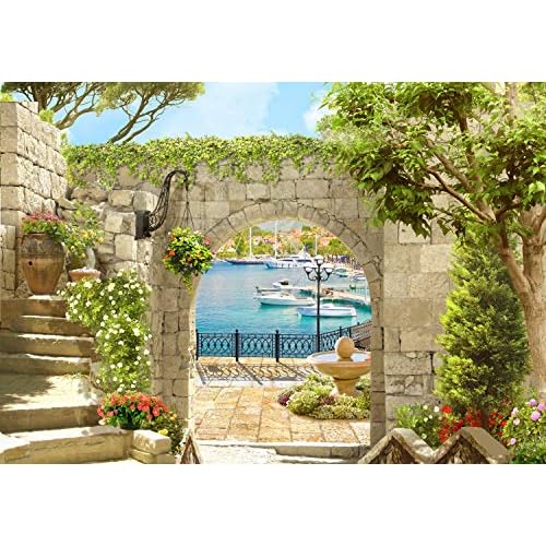 wandmotiv24 Fototapete Tor-bogen Mauer Meer, S 200 x 140cm - 4 Teile, Fototapeten, Wandbild, Motivtapeten, Vlies-Tapeten, Schiff, Blumen, Pier, Meerblick M1228