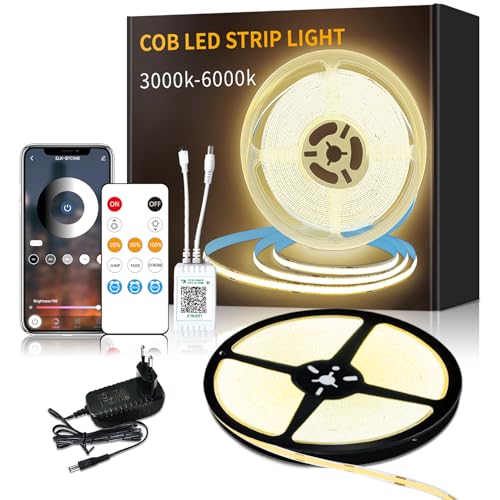 Yeewhale cob Led strip 10m,APP Steuerung,mit Fernbedienung,flexible Dimmbar cob LED Streifen, DC24V 3000k Warmweiß LED band, anwendbar auf Schlafzimmer, Raum,DIY Dekoration