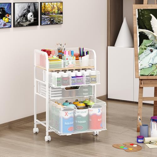 Image of 4-Tier Rolling Utility Cart with 3 Drawers-White Craft Organizers and Storage with DIY Dividers, Under Desk Cart with Lockable Wheels, Craft Cart Art Cart for Brushes Artifacts Patent Pending