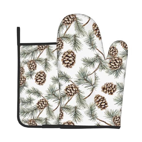 Winter Pine Cones Green Oven Mitts and Pot Holders Sets Heat Resistant Non Slip Christmas Branch Pinecone Kitchen Gloves Hot Pads Potholders 2 Pack Set Holiday Decor for Chef Cooking Bakers Kitchen by Phthalorum - Used condition - US$6.91
