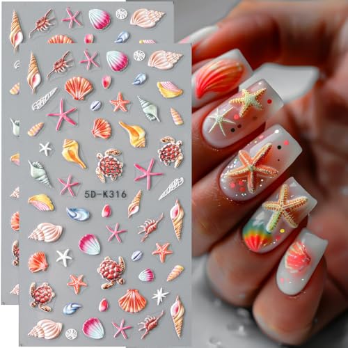 5D Embossed Seashell Starfish Nail Art Stickers Decals Summer Ocean Nail Stickers 2PCS Turtle Ocean Theme Summer Nails Adhesive Decals Manicure Sliders Accessories for Women DIY Nail Art Decorations