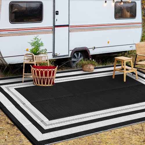 MilleLoom 8x10 Outdoor Patio Camping Rug, Durable Reversible Bordered Waterproof Easy Clean Mat with Foldable Design for RV Backyard Deck Picnic Travel Outdoor (Black & White)