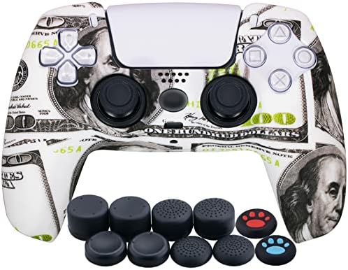 YoRHa Water Transfer Printing Silicone Thickened Cover Skin Case for PS5 Dualsense Controller x 1(US Dollars) with Thumb Grips x 10