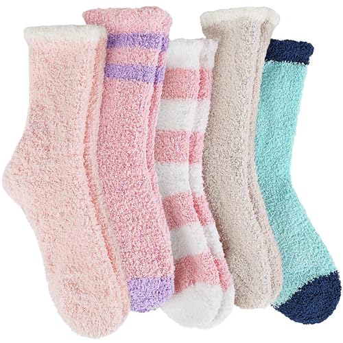 Image of Fuzzy Socks Warm Fluffy Winter Cozy Thick Plush Slipper Sleep Comfy Crew Socks for Women & Men 5 Pairs