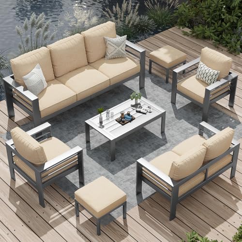 AECOJOY Aluminum Patio Furniture Set, Modern Outdoor Patio Furniture with Coffee Table, 7 Pieces Outdoor Conversation Set with Beige Cushions for Balcony, Porch, Lawn and Yard