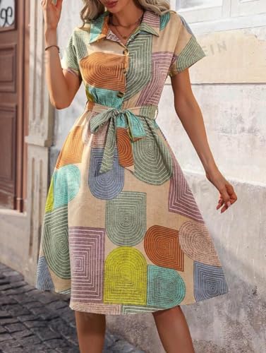 Image of Gufrina Women's Short Sleeve Collar Neck Dress - Geometric Print Button-Down Midi Dress with Tie-Up Belt