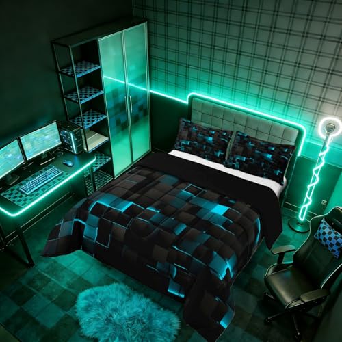 Image of Erosebridal Black Teal Comforter Set Queen Neon Turquoise Geometric Checkered Bedding Set for Boys Gaming Room Decor,Teen Men Abstract Stereoscopic Grids Quilt Square Plaid Bed Set 3 Pcs