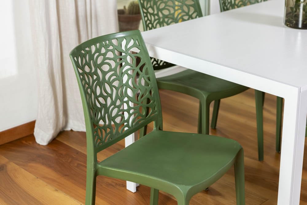 Sillas de resina moderna apilables de polipropileno con fibra de vidrio, para interior, cocina o comedor, exterior y jardín, sillas de restaurante y contract - Anna (6 Sillas, Verde oliva)