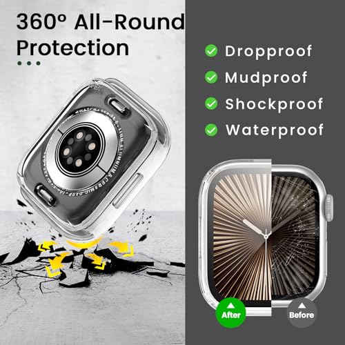 Image of 3 in 1 Goton Waterproof Hard Case for Apple Watch Screen Protector 46mm, 360 Slim Full Protective Tempered Glass Face Cover + Back Hard PC Bumper for iWatch Series 11 /10, 46mm Clear