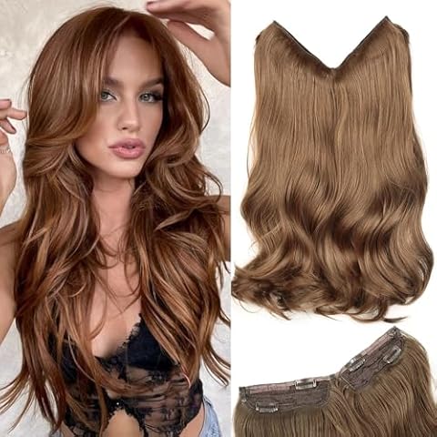 Halo Hair Extensions 20 Inch Medium Brown Invisible Wire Hair Extensions Adjustable Long Wavy Hair Extensions 4 Secure Clips in Hairpieces Natural Looking Fiber Wig for Daily Party Use (Brown) Cover