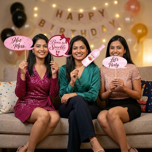 Image of Party Propz Cherry Theme Photo Booth Props - Set of 55 Pcs Pink Party Props with Sticks & Glue Dots, Birthday Decoration Props for Girls, Photo Booth Accessories for Party