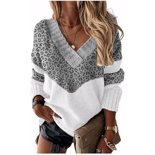Fashion Womens Sweaters Casual Long Sleeve Crewneck Color Block Patchwork Pullover Knit Sweater Tops