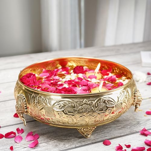 Image of BEHOMA Ethnic Elephant Carved Brass Urli Bowl, 12 inch | Ethnic elephant-carved brass urli bowl, 12 inch; golden centerpiece for Diwali, Navratri & Durga Puja.